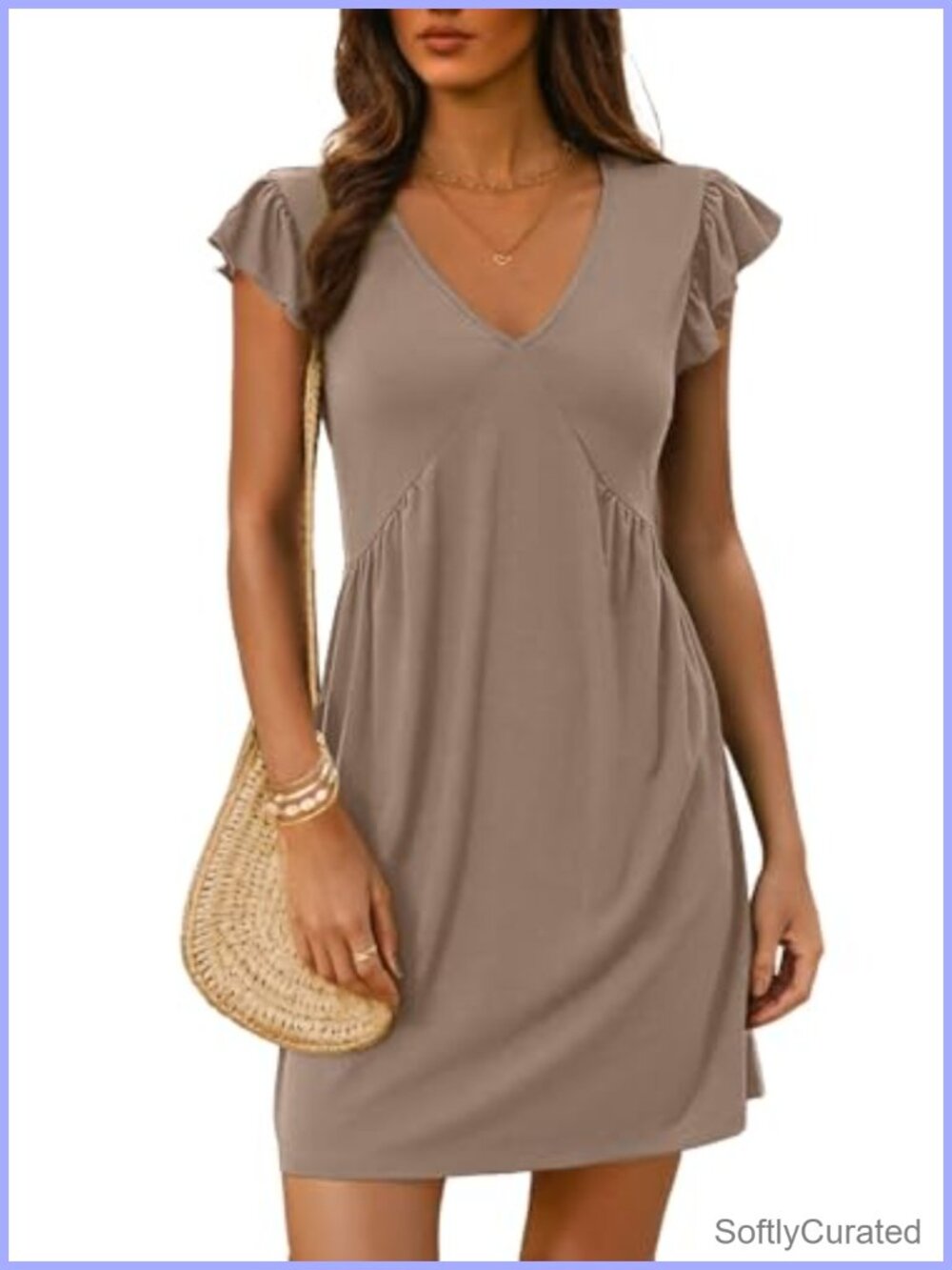 Womens Summer Mini Dress Ruffle Sleeve V Neck Casual Sundress